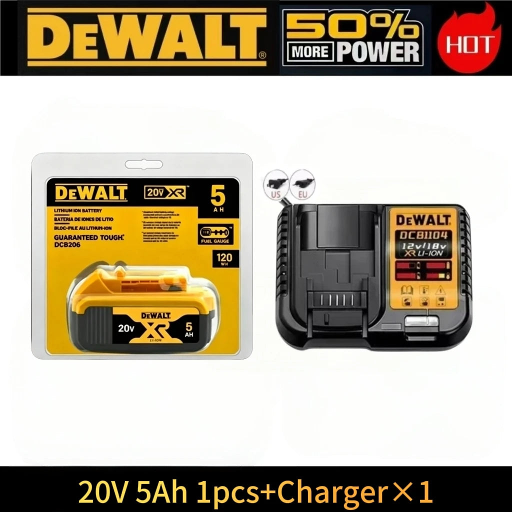 DeWalt 20V 5Ah battery and charger packaging, yellow and black, includes charger