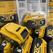 DeWalt 20V battery packaging, yellow and black on solid background