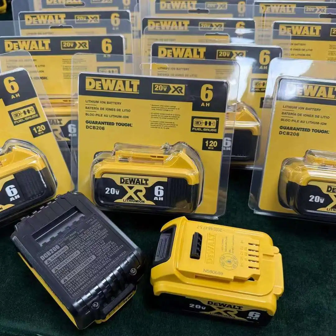 DeWalt 20V battery lifestyle shot, yellow and black with multiple packages