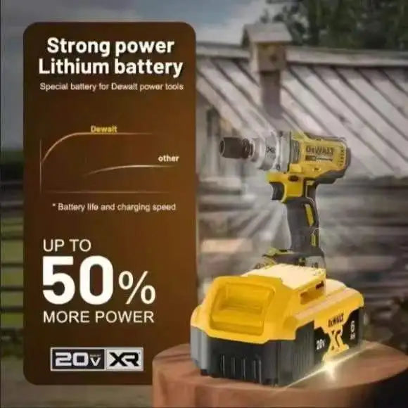 DeWalt 20V battery power features, yellow and black in natural setting