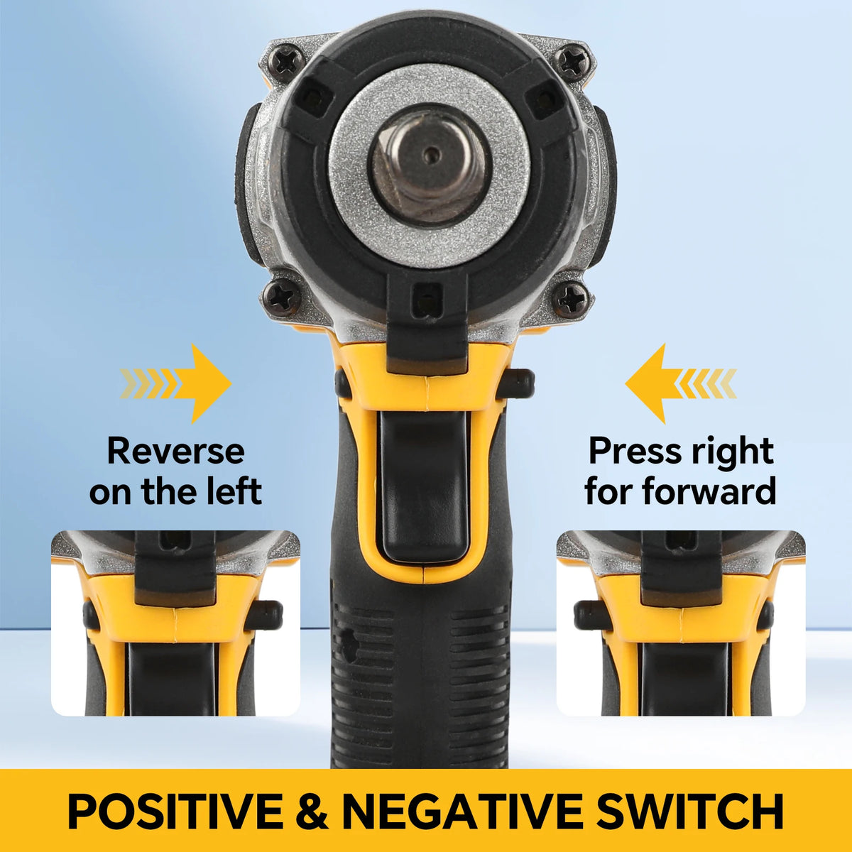 DEWALT DCF922 drill switch reverse detail on yellow and black housing