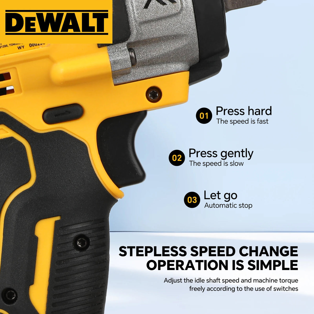 DEWALT DCF922 speed control close-up on yellow and black body