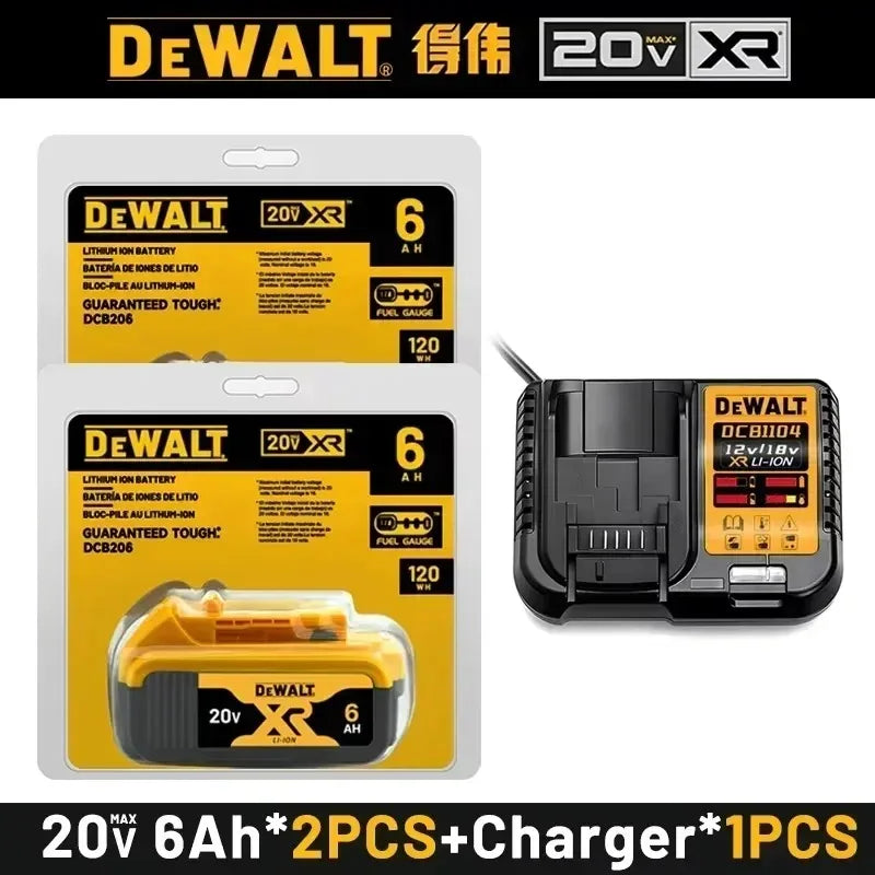 Dewalt battery and charger set packaging, yellow and black