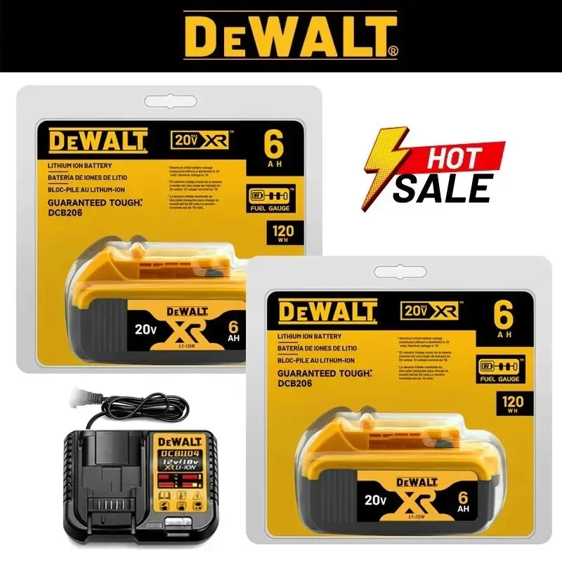 Dewalt 20V battery pack yellow-black packaging, two rechargeable lithium-ion batteries