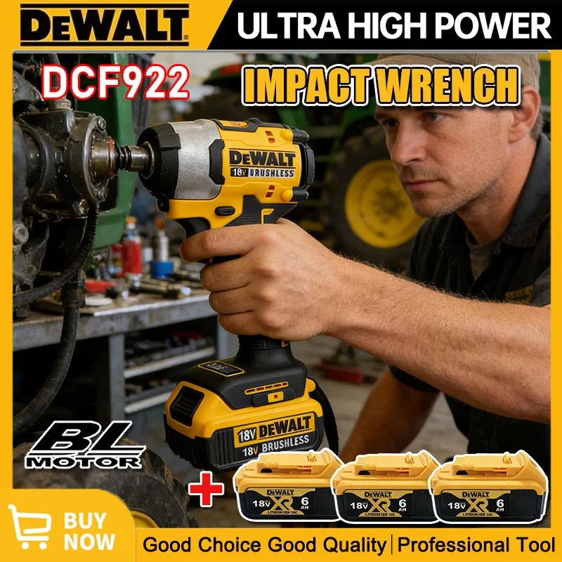 Dewalt DCF922 brushless impact wrench lifestyle shot, yellow and black