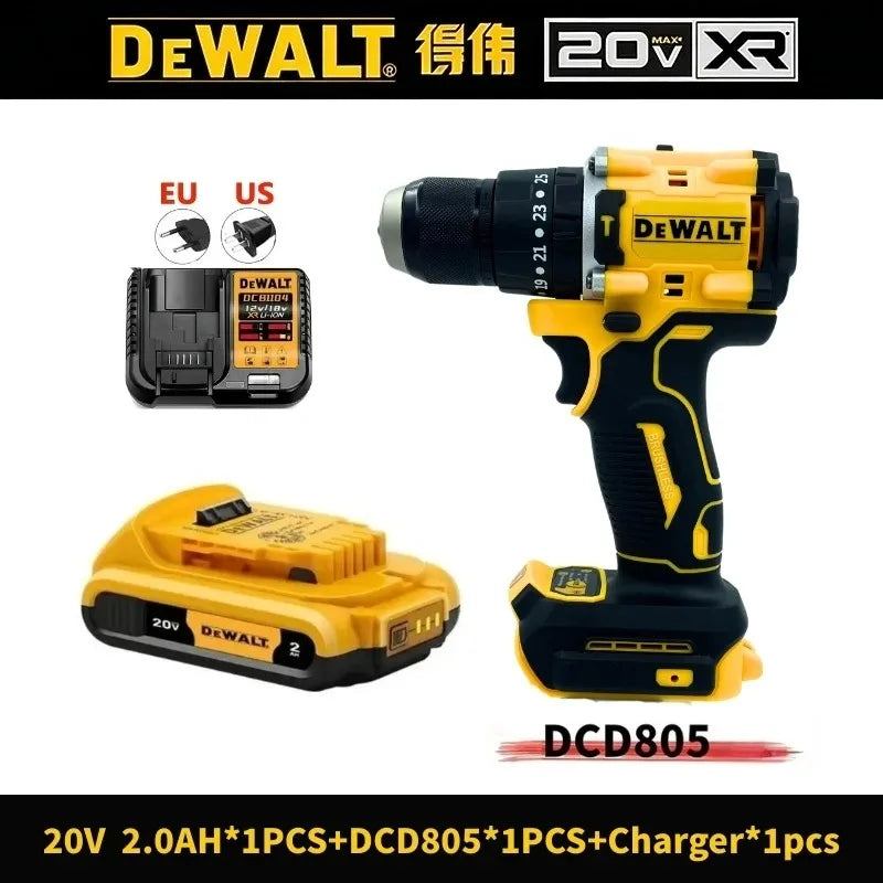 DEWALT DCD805 drill packaging, yellow and black with battery not included