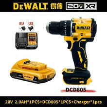 DEWALT DCD805 drill packaging, yellow and black with battery not included