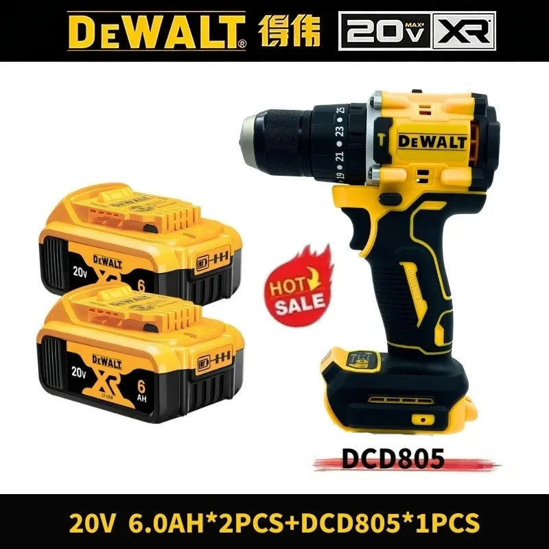 DEWALT DCD805 cordless drill set packaging, yellow and black with two batteries