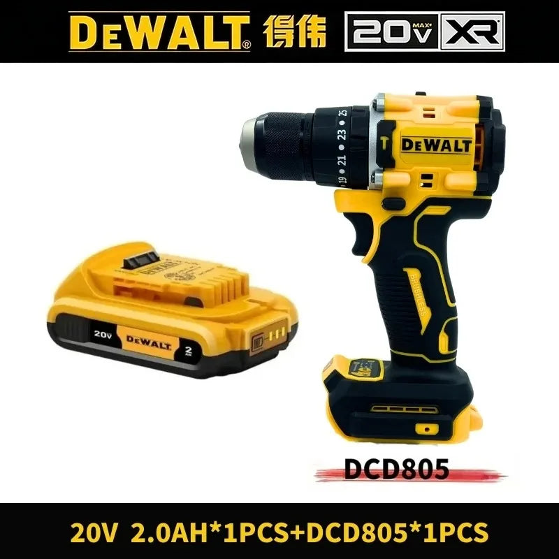 DEWALT DCD805 cordless drill packaging, yellow and black with battery included
