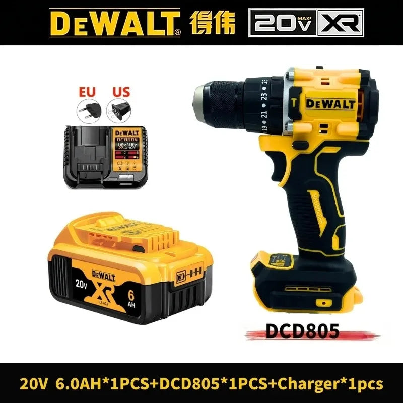 DEWALT DCD805 cordless drill set packaging, yellow and black with charger