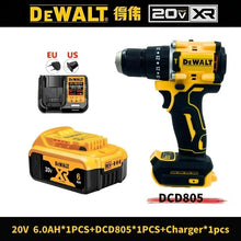DEWALT DCD805 cordless drill set packaging, yellow and black with charger