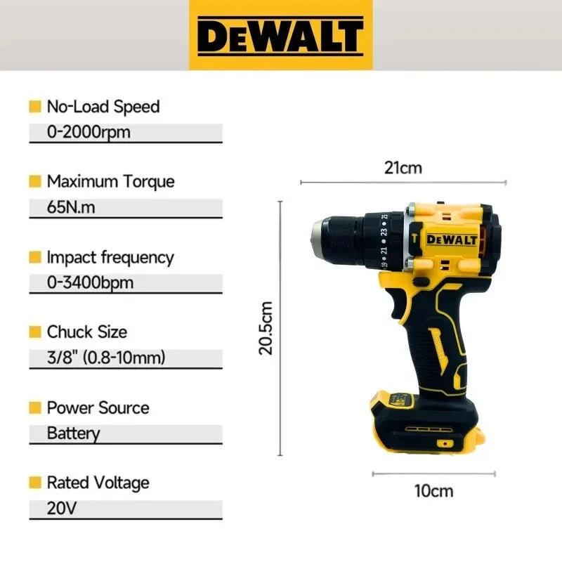 DEWALT DCD805 detail specs view, black and yellow on white background
