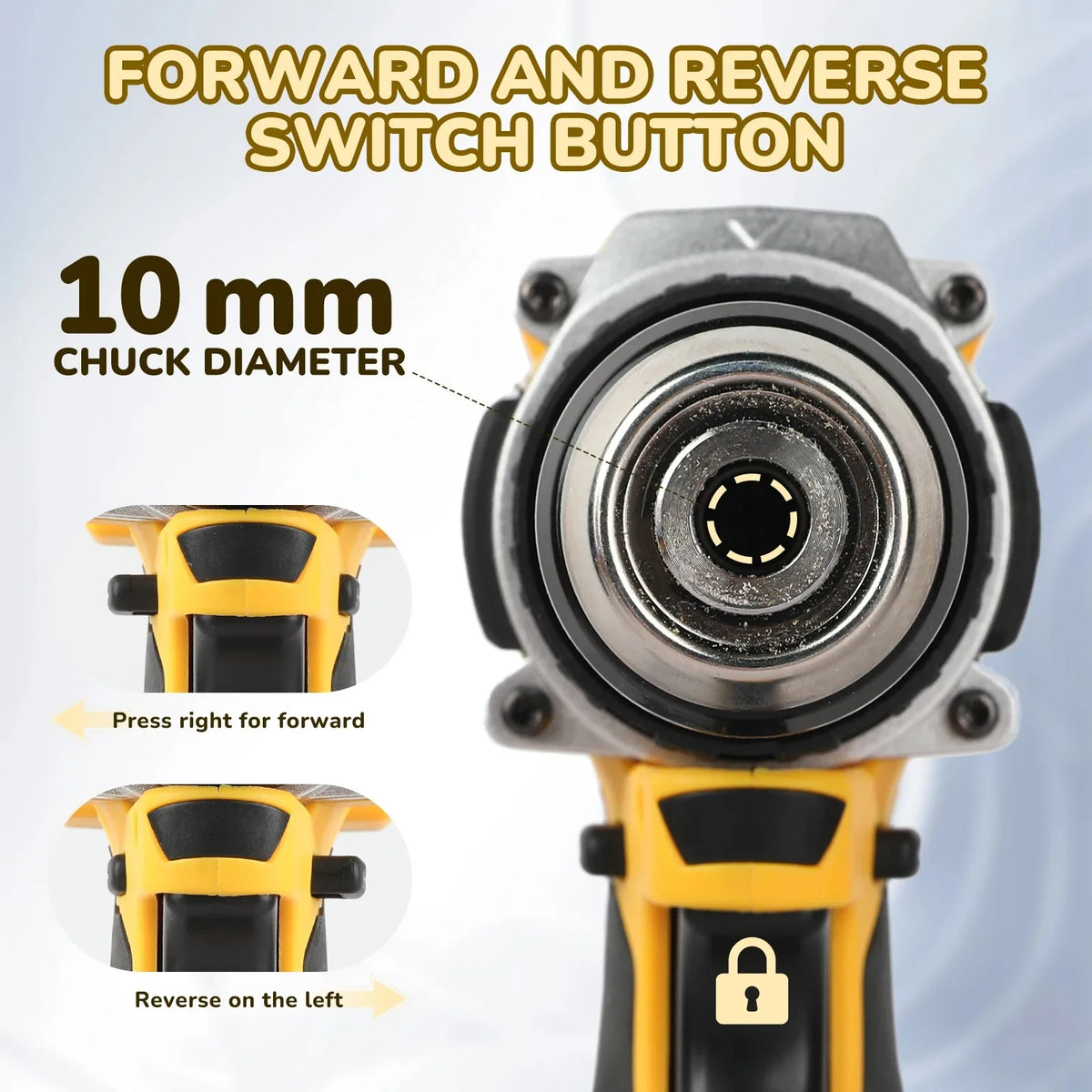 DEWALT DCD805 motor detail view in black and yellow