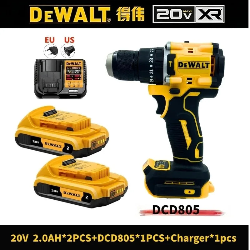 DEWALT DCD805 packaging, yellow and black drill set with two batteries