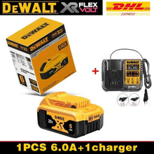 DeWalt 20V 6000mAh battery and charger packaging, yellow and black, three 6.0Ah batteries