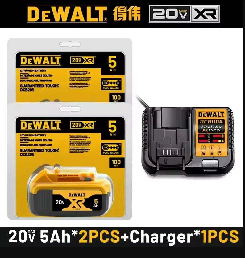 DeWalt 20V battery and charger packaging, yellow and black front view