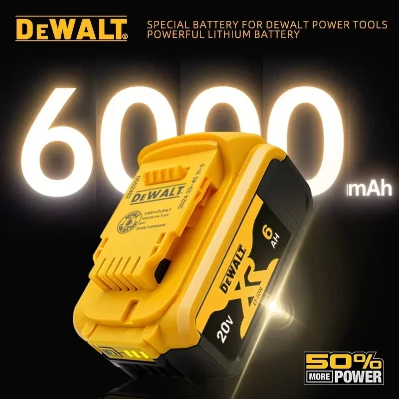 DeWalt 20V battery detail close-up, yellow and black with 6000 mAh