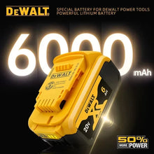 DeWalt 20V battery detail close-up, yellow and black with 6000 mAh