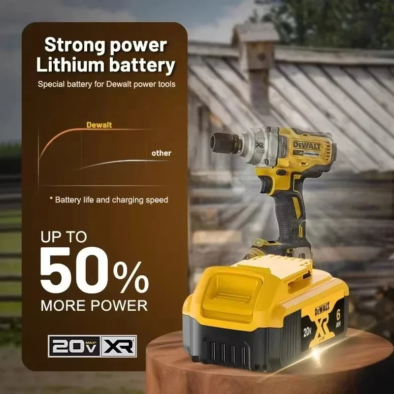 DeWalt 20V battery outdoors, yellow and black lifestyle shot