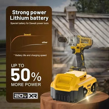 DeWalt 20V battery outdoors, yellow and black lifestyle shot