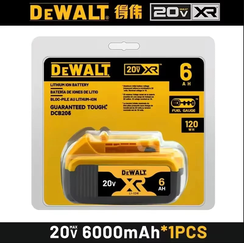DeWalt 20V battery pack in yellow and black packaging, six pieces