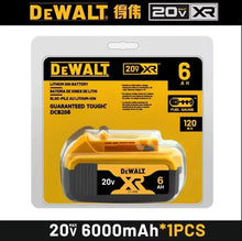 DeWalt 20V battery pack in yellow and black packaging, six pieces