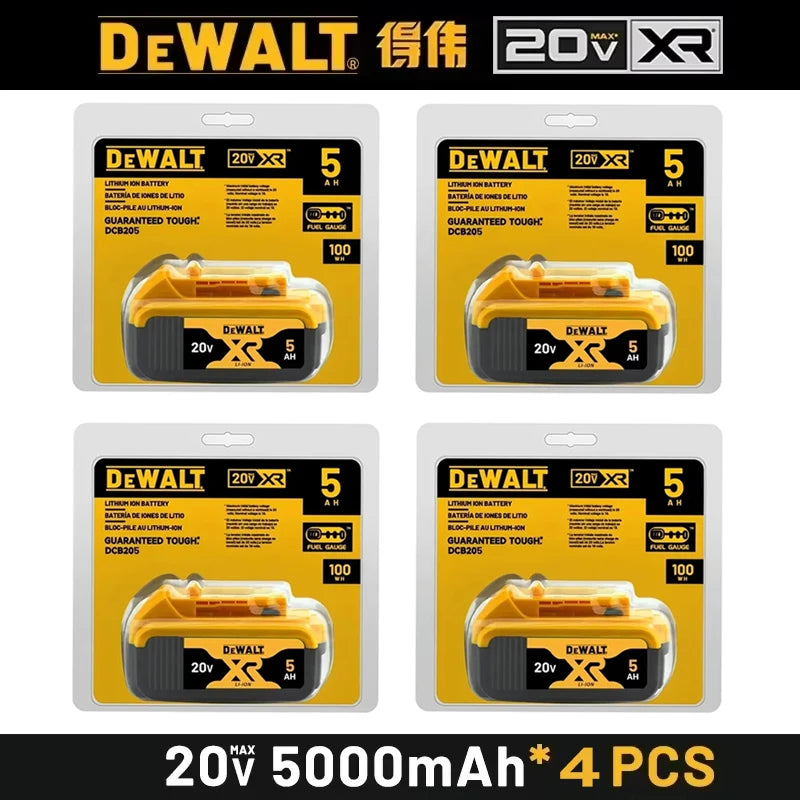 DeWalt 20V battery pack in yellow and black packaging, four pieces