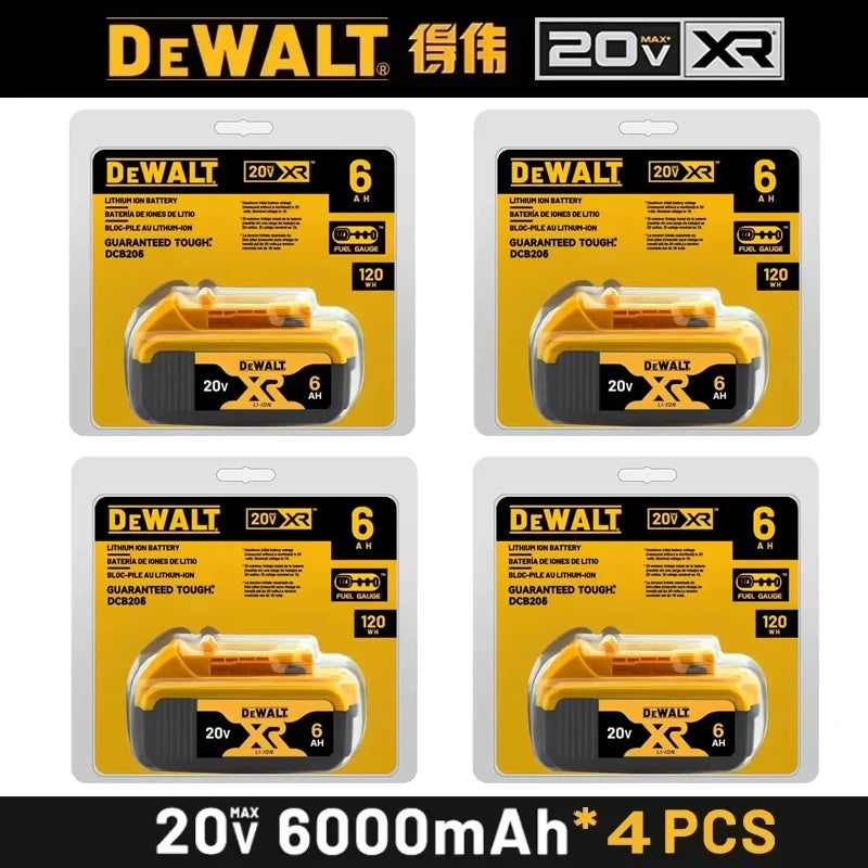 DeWalt 20V battery pack in yellow and black packaging, four batteries