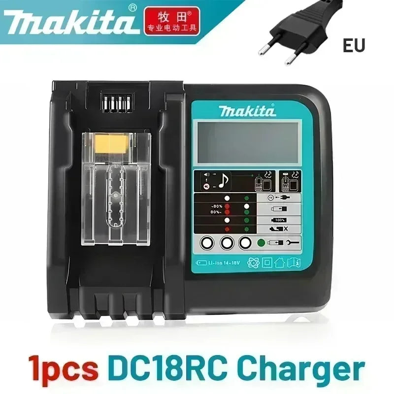 Makita DC18RC charger front view, black body and LED indicators