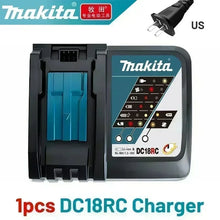 Makita DC18RC charger detail, black body with LED indicators