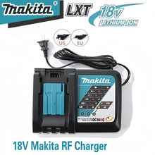Makita DC18RC charger detail, battery insertion and indicator lights