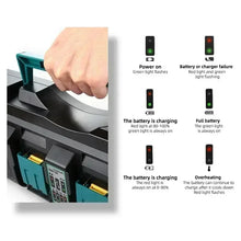 Makita DC18RC charger detail, charging status indicators and battery slots