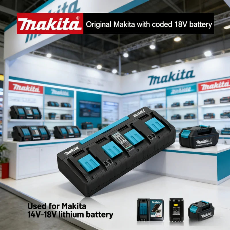 Makita battery display lifestyle, multiple batteries on stand