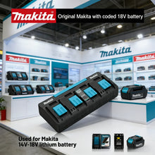 Makita battery display lifestyle, multiple batteries on stand