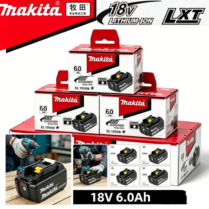 Makita 18V 6.0Ah battery packs, red black white packaging shot