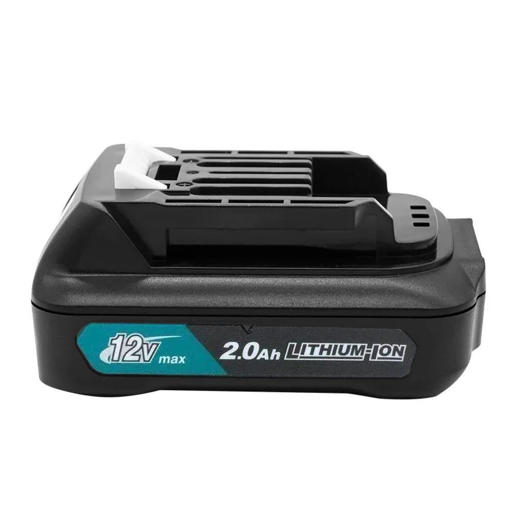 Makita 2.0Ah lithium-ion battery pack detail, black close-up