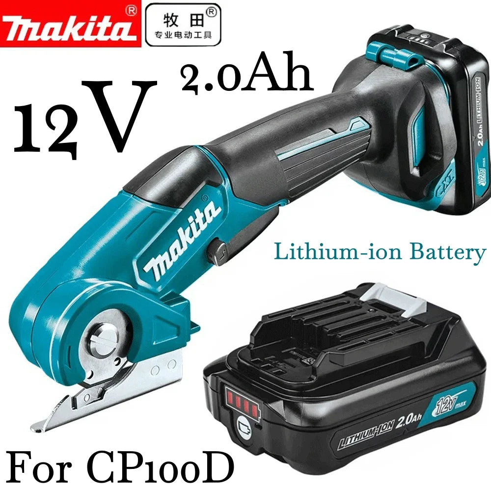 Makita 12V 2.0Ah lithium-ion battery, blue/black/white front view