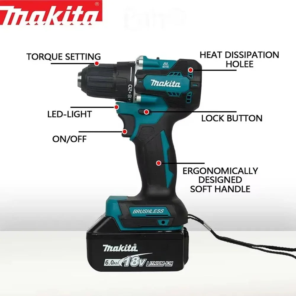 Makita DHP487 detail close-up, metal chuck and LED light on black-blue drill