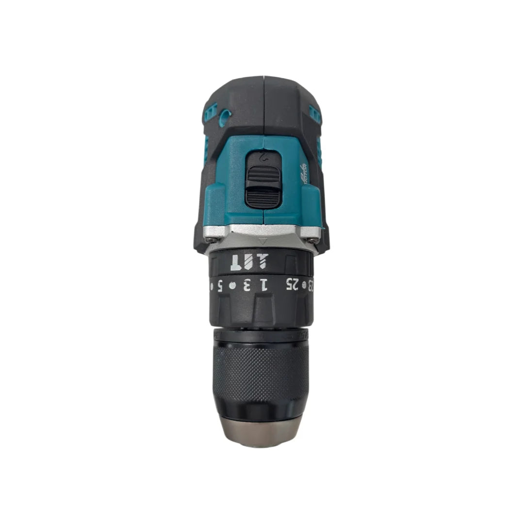 Makita DHP487 front view, black-blue cordless drill with variable speed and battery