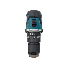 Makita DHP487 front view, black-blue cordless drill with variable speed and battery