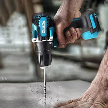 Makita DHP487 front view, black-blue drill with LED light and included battery