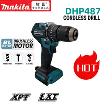 Makita DHP487 packaging shot, black-blue drill with LED and brushless motor