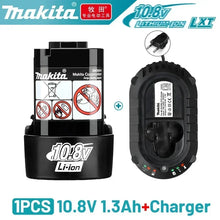 Makita 10.8V 1.3Ah battery and charger detail, black and white