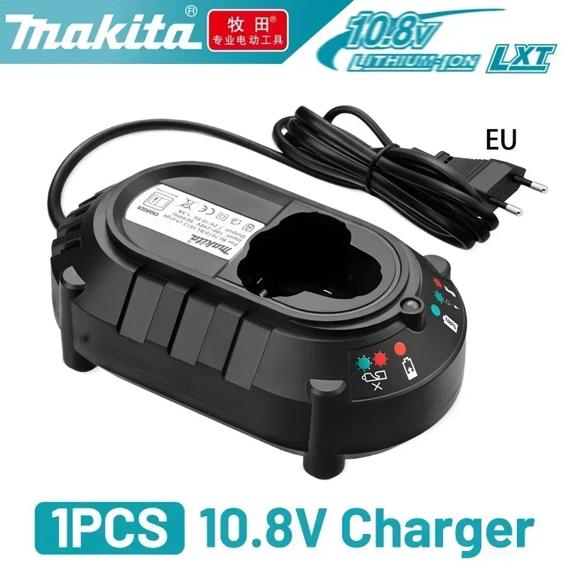 Makita 10.8V charger packaging with LED indicators and power cord