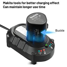 Makita 10.8V battery charging dock detail, black and blue charging effect