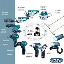 Makita 10.8V battery compatibility, tools shown with battery in background