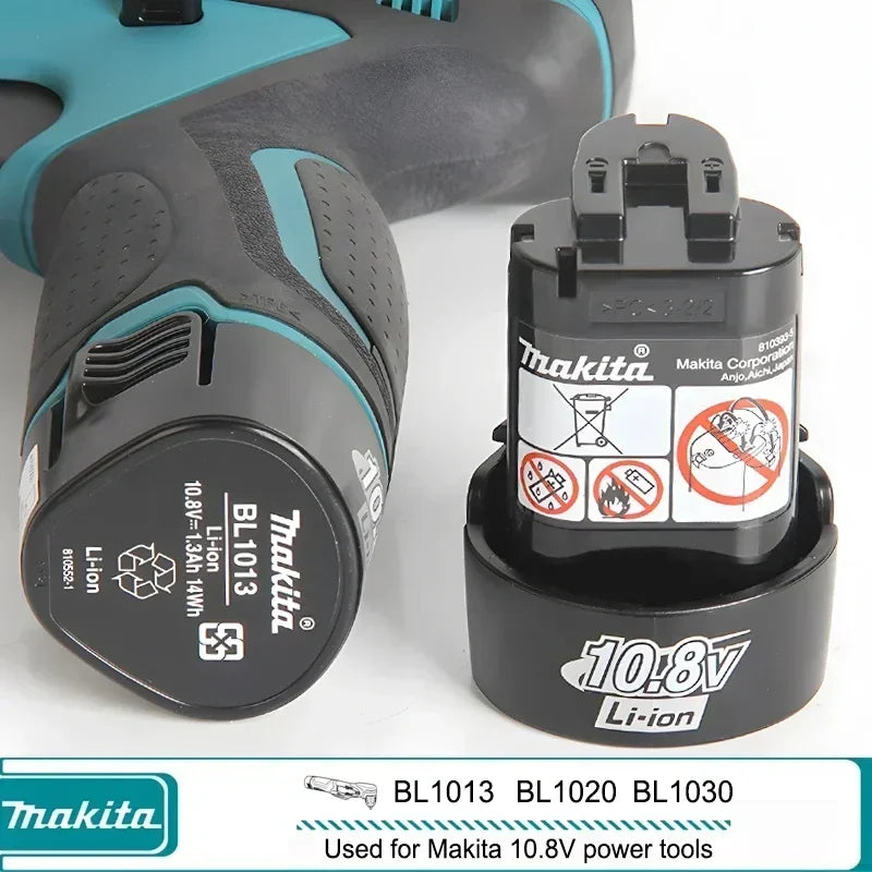 Makita 10.8V battery pack detail, black and blue label on white background