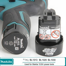 Makita 10.8V battery pack detail, black and blue label on white background
