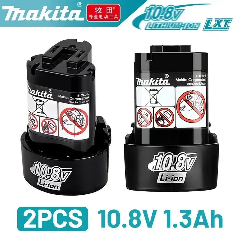Makita 10.8V battery detail close-up, two black and white packs