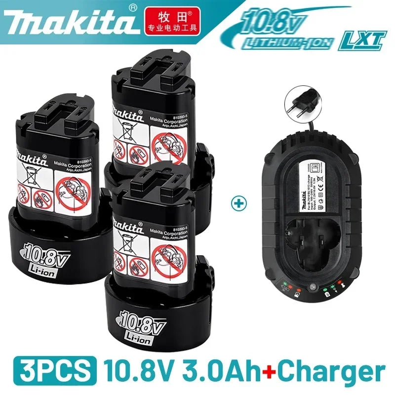 Makita 10.8V battery packs and charger, lifestyle shot with black and blue